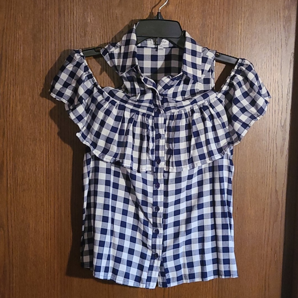 Checked cold shoulder blouse
